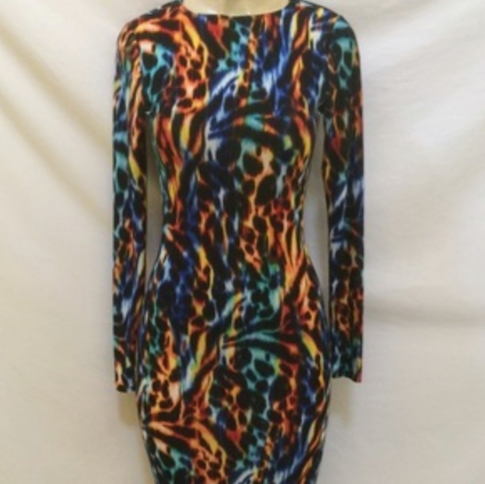 Tight long-sleeve multicolored leopard dress